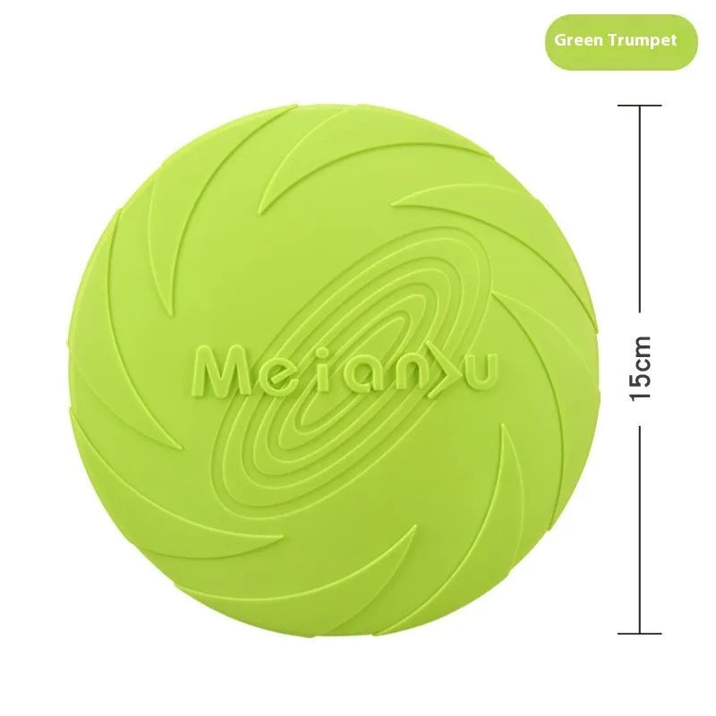Soft rubber dog frisbee flying disc toy shown in blue, available in small, medium, and large sizes.