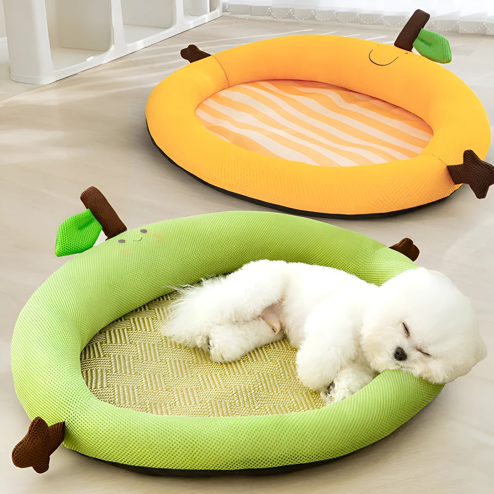 Fruit pattern pet cooling mat with backrest in green colour showing four size options