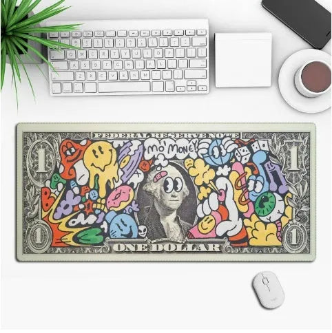 Anime pattern gaming mouse pad with non-slip rubber base on desk surface