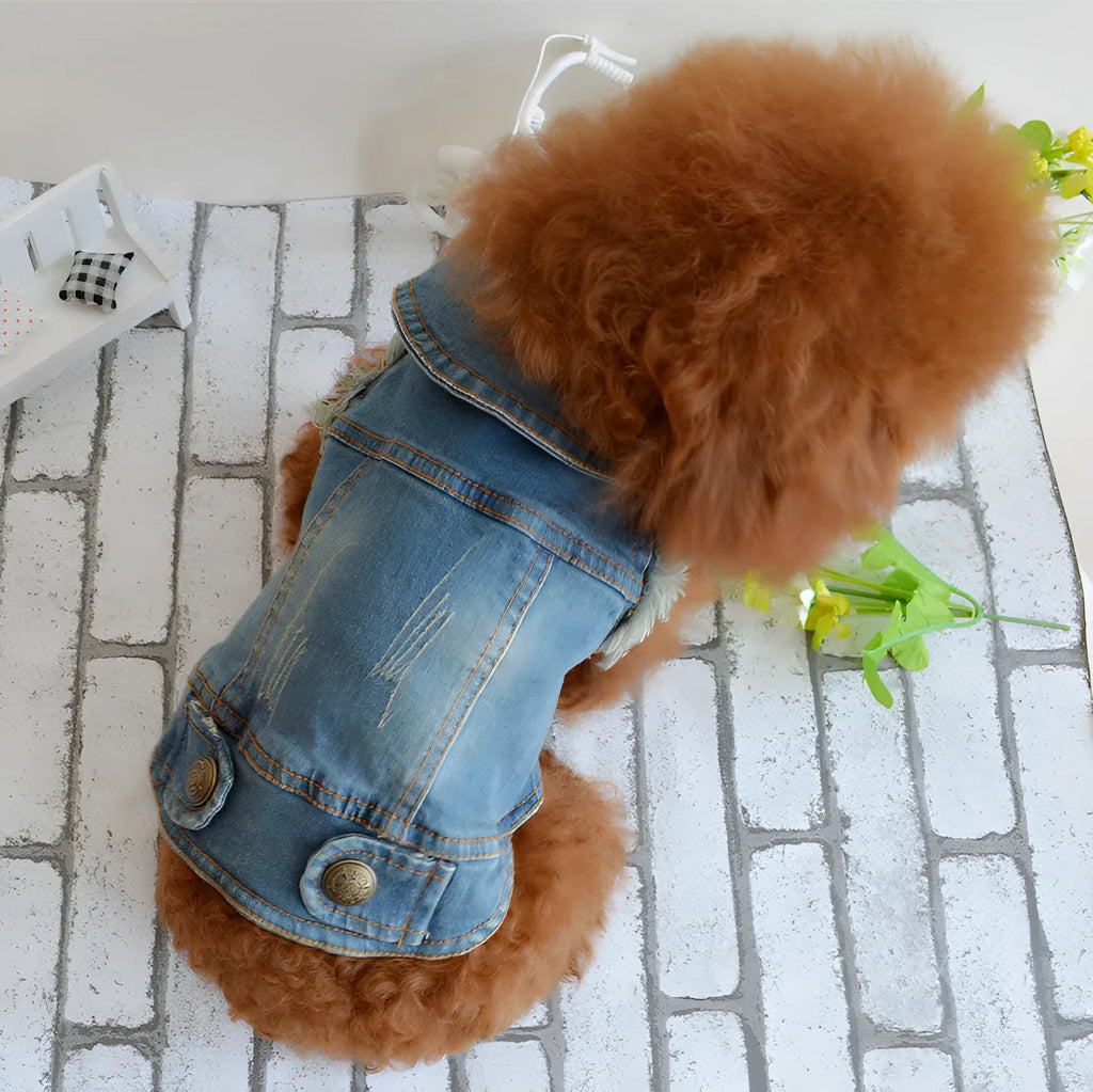 Denim dog vest with retro scratch pattern in dark and light colours for small to medium breeds