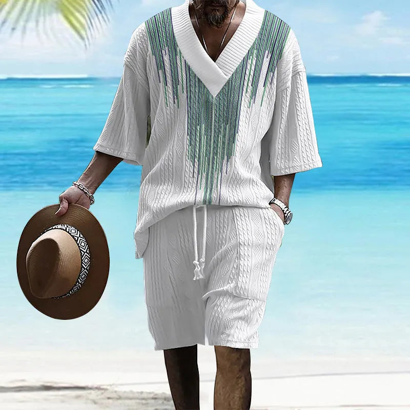 Men's knitted short-sleeved top and matching shorts in a solid colour, showing relaxed drop-shoulder fit.