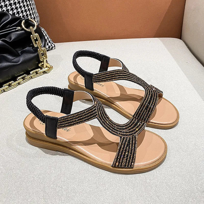 Women's patent leather beach sandals with rhinestones in black, gold and silver colours