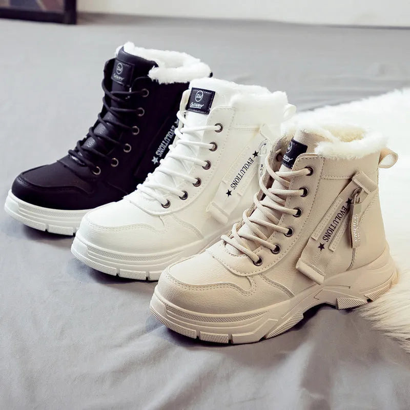 Women's plus size tall black snow boot with velvet lining and lace-up front on a rubber sole.