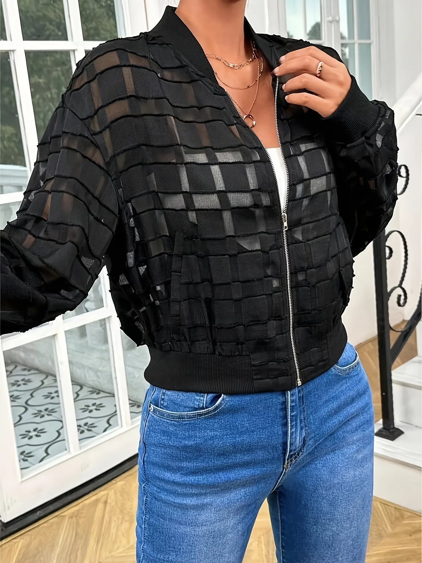 Black women's casual jacket with geometric pattern and semi-transparent thread detailing