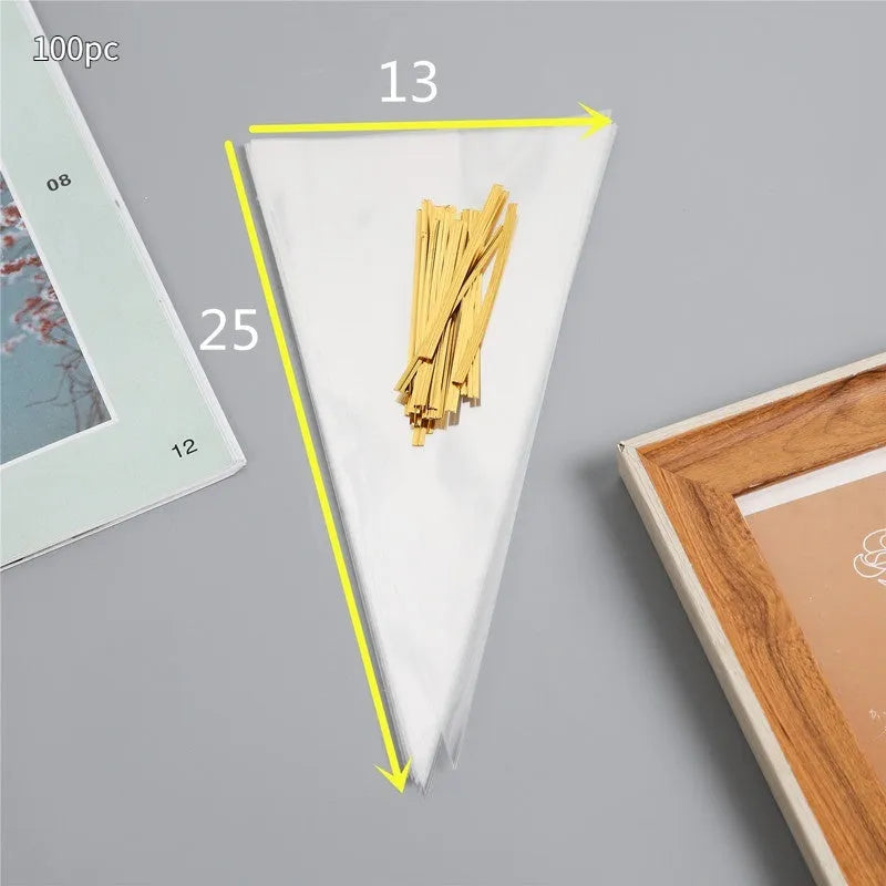 Clear triangle-shaped plastic packaging bag with a silver tie wire closure, shown in three different sizes.