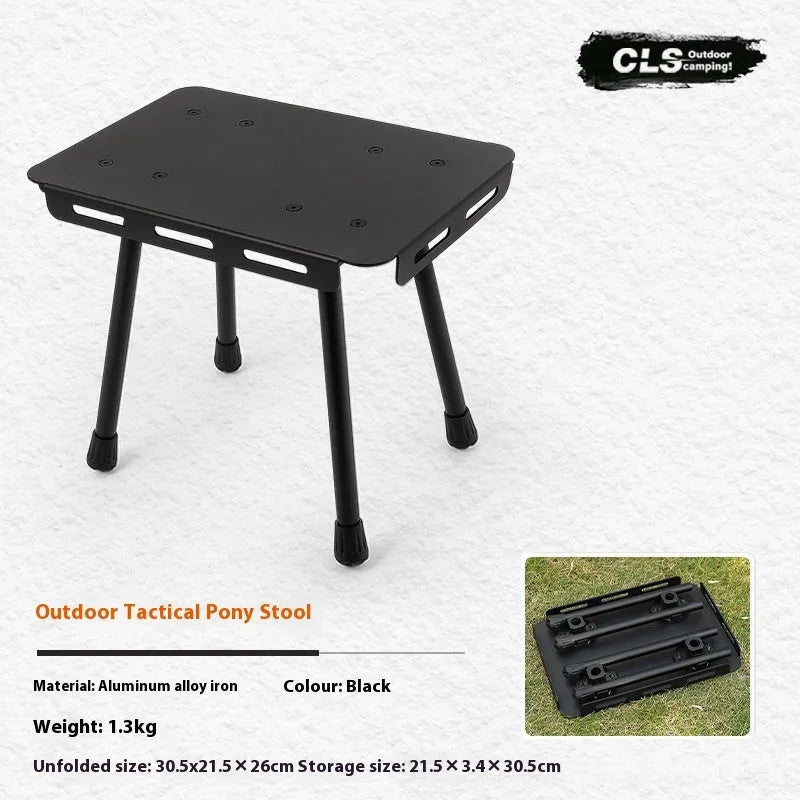 CLS Outdoor aluminium folding camping stool with PU cushion next to its bag that converts into a small table.