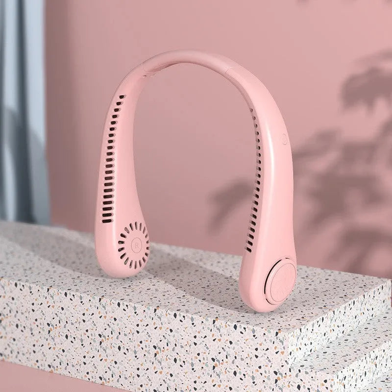 White USB rechargeable bladeless neck fan with adjustable speed settings and ergonomic neckband