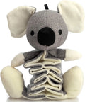 Grey koala plush dog toy measuring 30cm with rope reinforcement and crinkle paper inside.