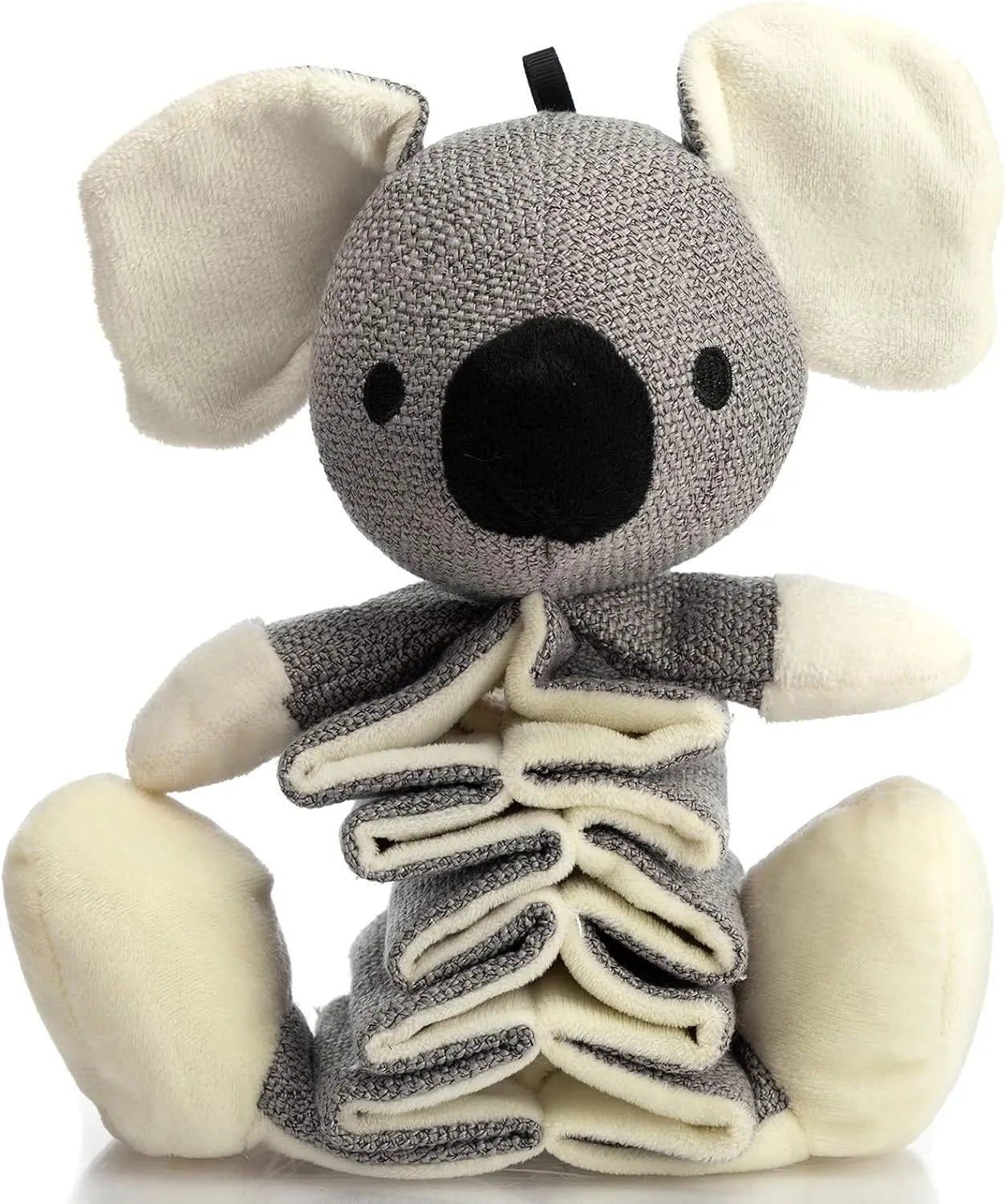 Grey koala plush dog toy measuring 30cm with rope reinforcement and crinkle paper inside.