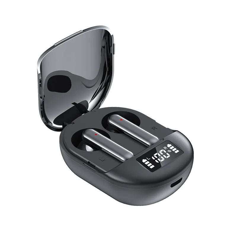 Black and white wireless Bluetooth in-ear headset with digital display screen and charging bin
