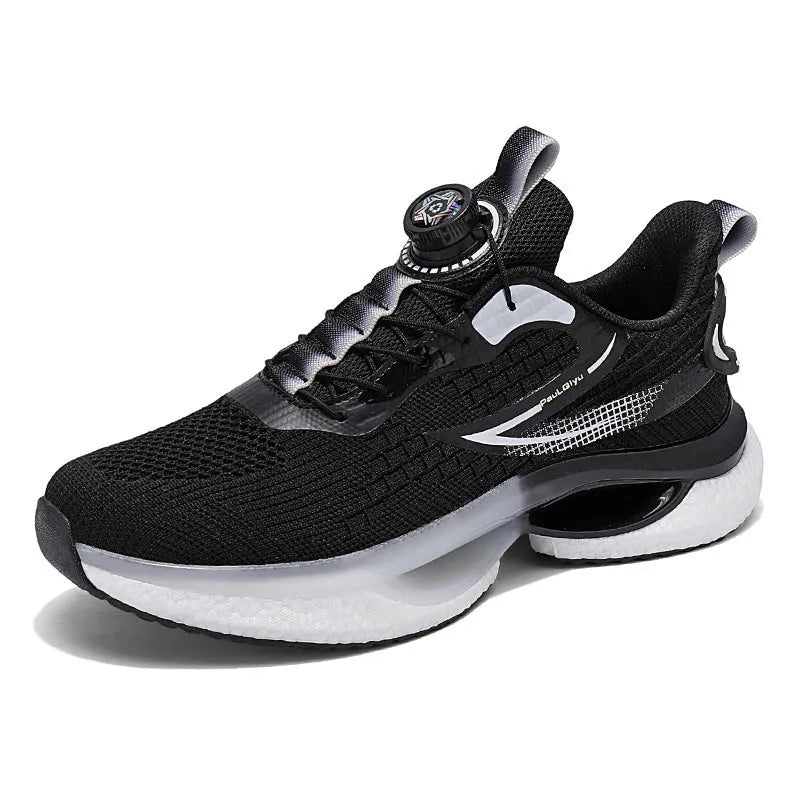 Men's white Korean style low-top running shoes with a rotating buckle closure and mesh upper.