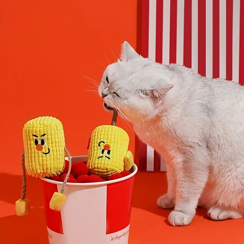 Corn cob shaped cat dental toy made from polio wood measuring 7cm by 6cm by 15cm