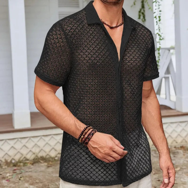 Men's summer mesh short sleeve lapel shirt in cotton blend fabric