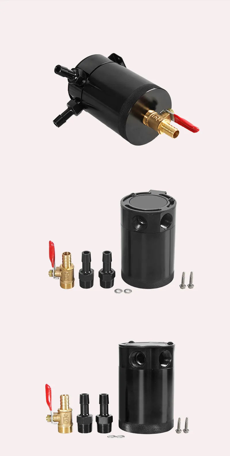 Black aluminium automotive oil pot with two-hole breathable design and connectors