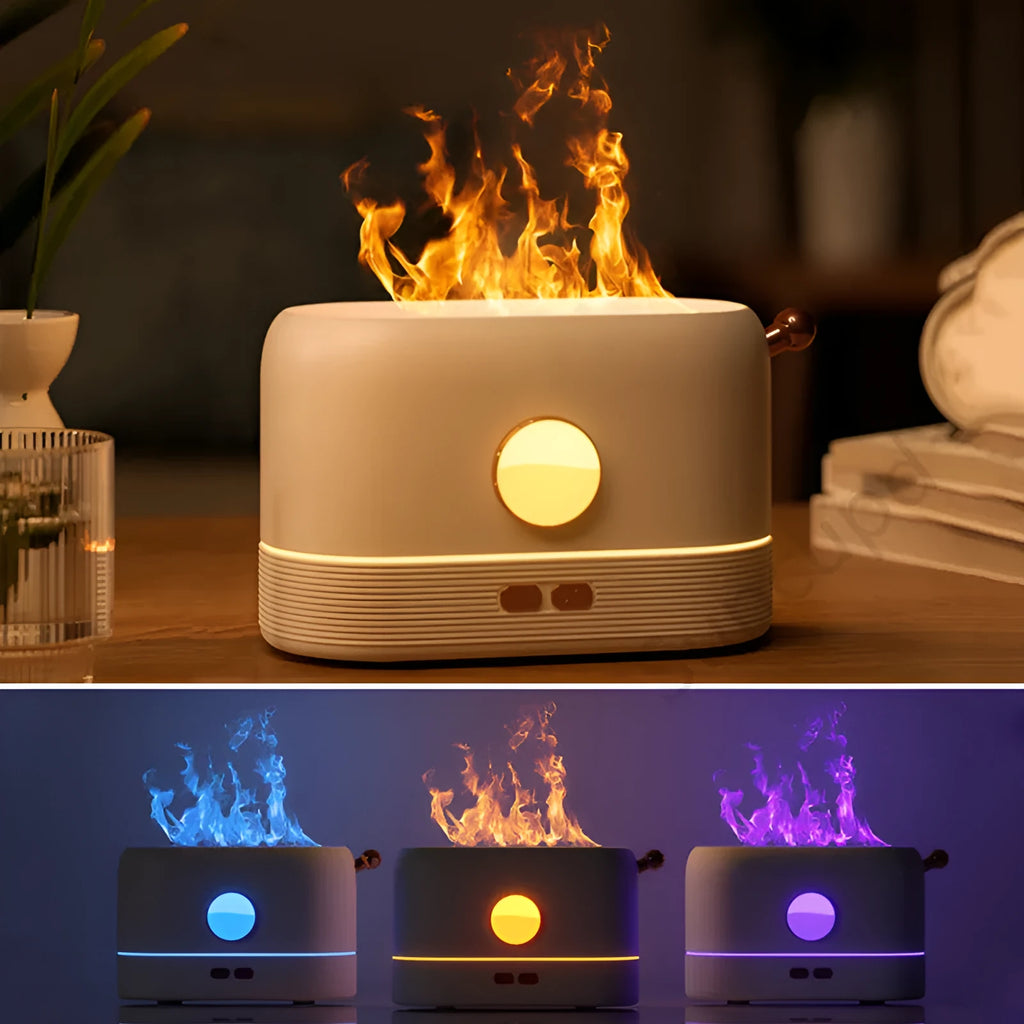 Black simulation flame USB humidifier with 200ml tank on a desktop showing mist and light effect