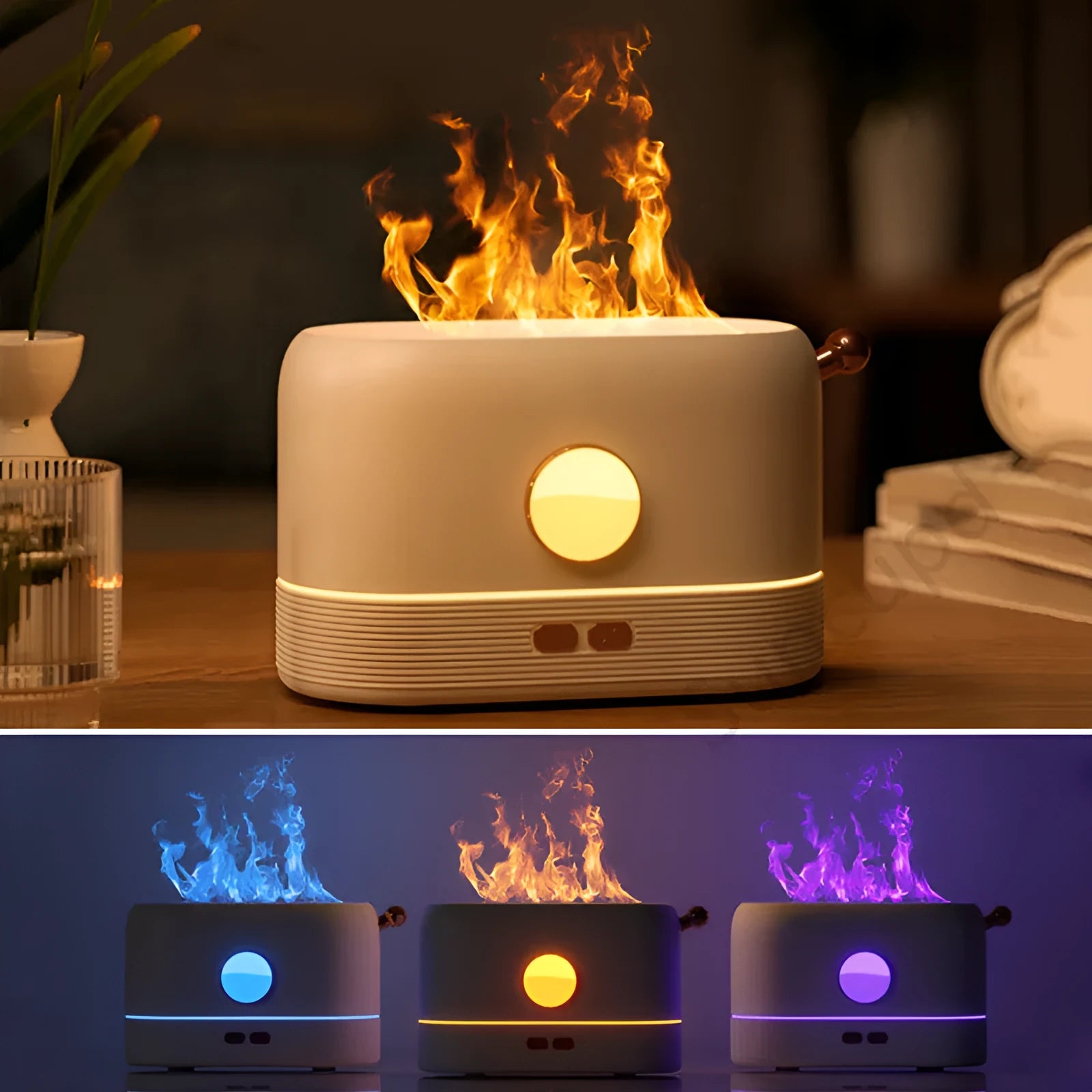 Black simulation flame USB humidifier with 200ml tank on a desktop showing mist and light effect