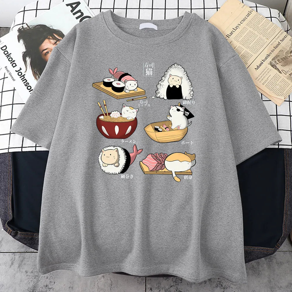 Men's cotton T-shirt with cartoon cat sushi design in loose fit with short sleeves