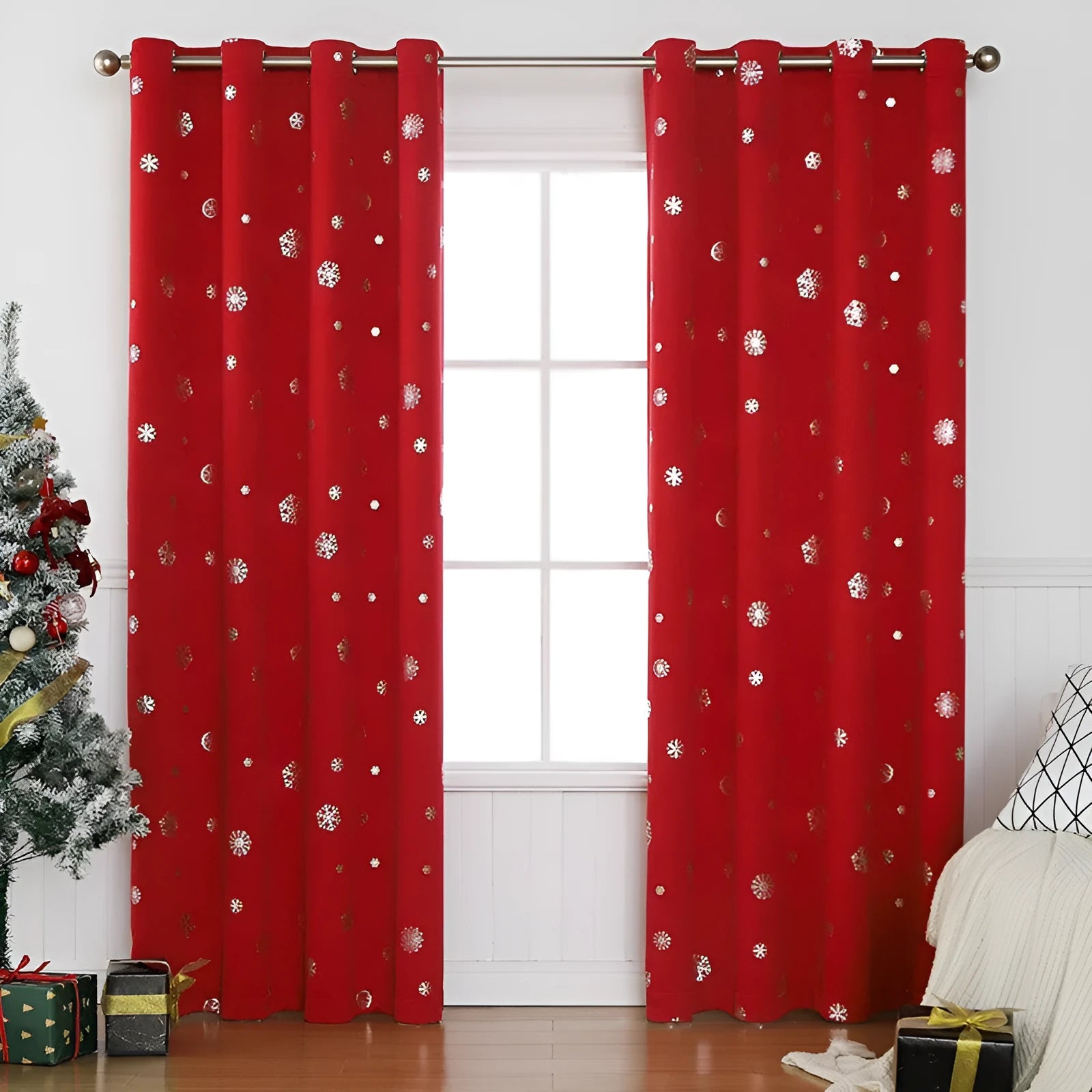 Snowflake pattern shade cloth curtain in polyester, showing red or green trim with lace loop or iron hoop detail.