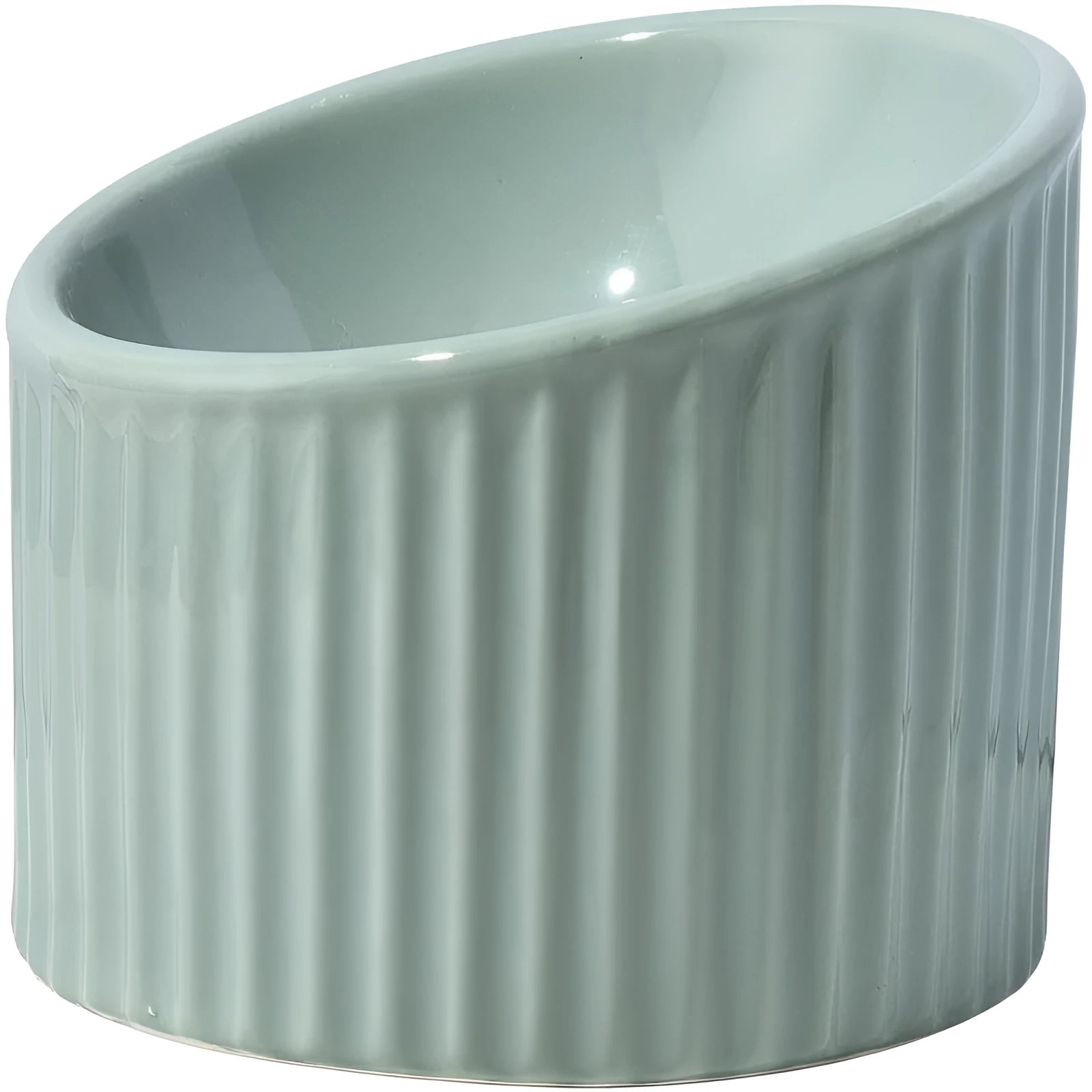 Dark green ceramic elevated cat bowl with tilted, round whisker-friendly design on a wooden floor.
