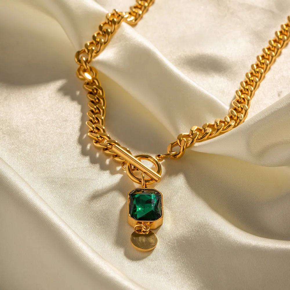French retro emerald zircon pendant necklace with gold titanium steel Cuban link chain