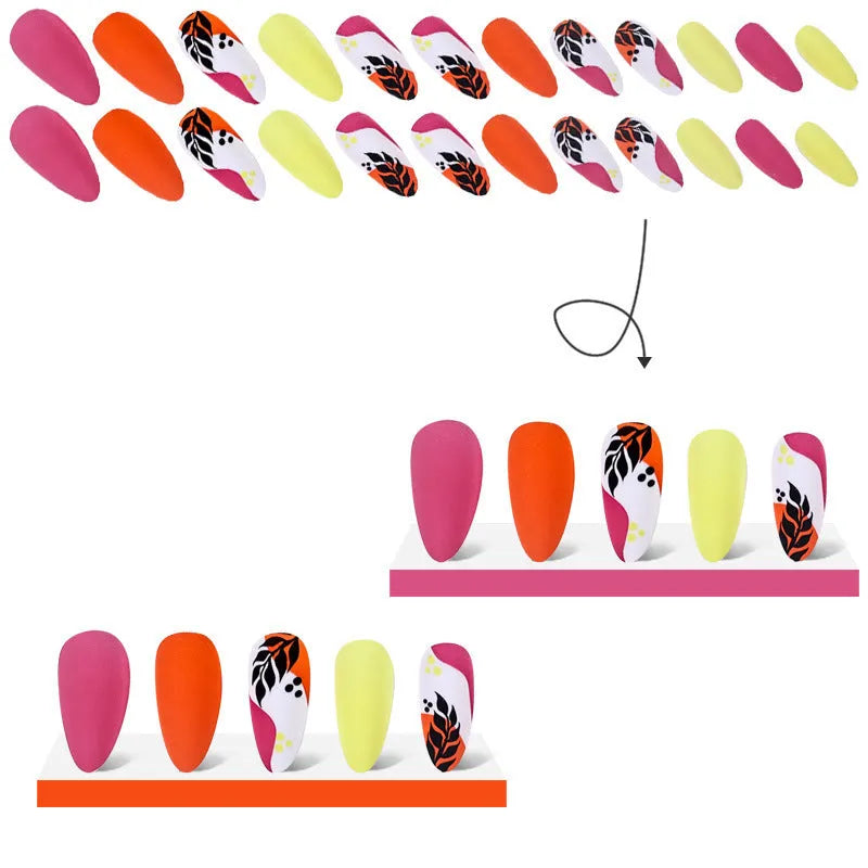 Almond-shaped nail stickers with tulip patterns in French leaves, macaron, leopard print, and plating designs