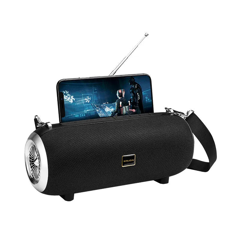 F666 portable Bluetooth speaker in black with shoulder strap showing controls and connectivity ports