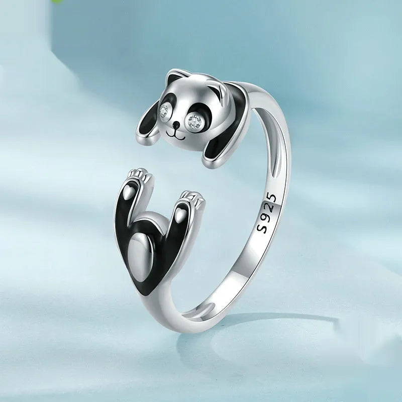 Adjustable sterling silver panda ring bracelet with white gold plating and open design