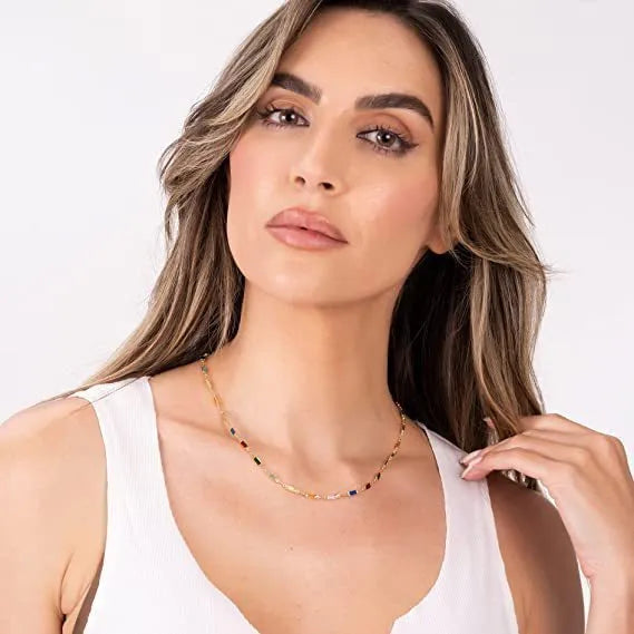 Geometric crystal pendant necklace for women with alloy chain, shown in a random colour.