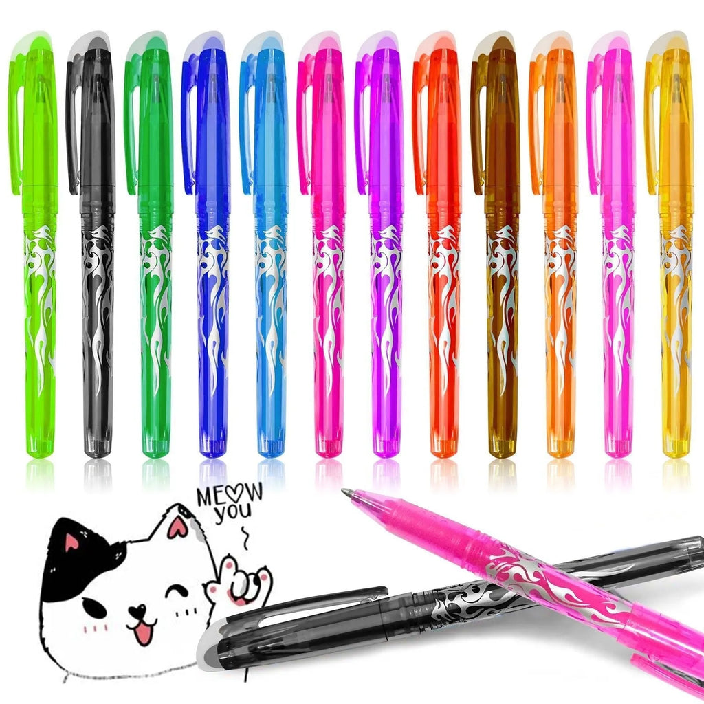 Set of heat erasable gel pens with plastic bodies and stainless steel nibs, in multiple colours.
