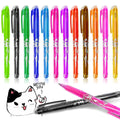 Set of heat erasable gel pens with plastic bodies and stainless steel nibs, in multiple colours.