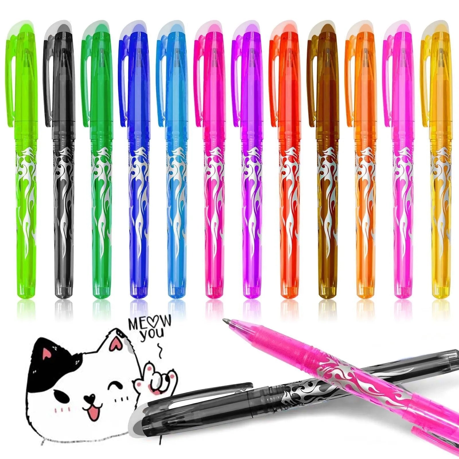 Set of heat erasable gel pens with plastic bodies and stainless steel nibs, in multiple colours.