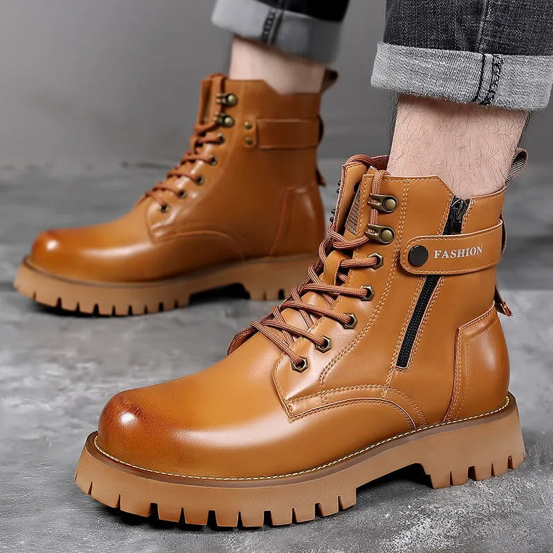 Men's light brown Martin boots with thick rubber sole and side zipper closure