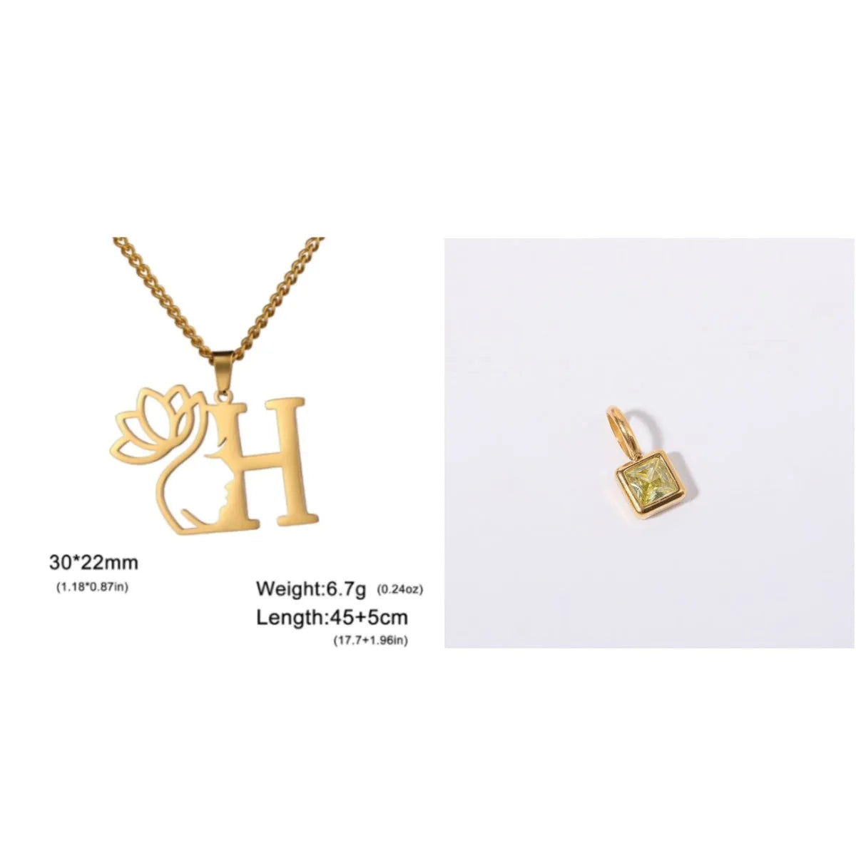 Stainless steel necklace with cross chain design and single letter pendant in gold or silver electroplated finish