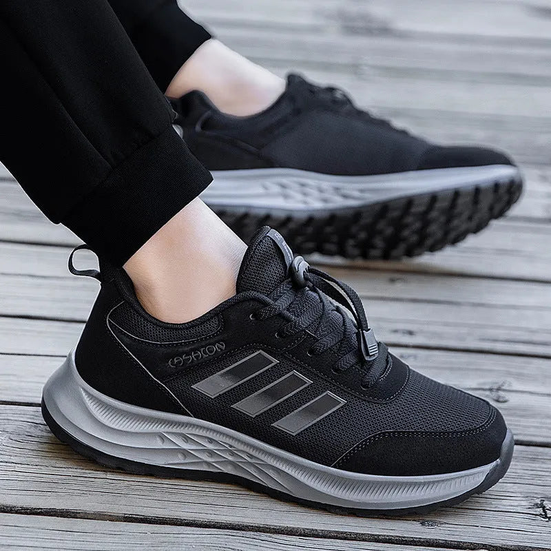 Breathable non-slip casual shoes with mesh upper and elastic band closure in black, dark grey, purple, and purplish red.