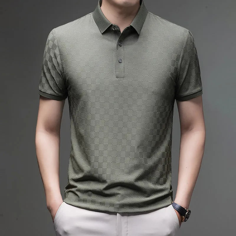 Rhombus pattern thin short sleeve T-shirt with slit side detail in black, green, or brown.