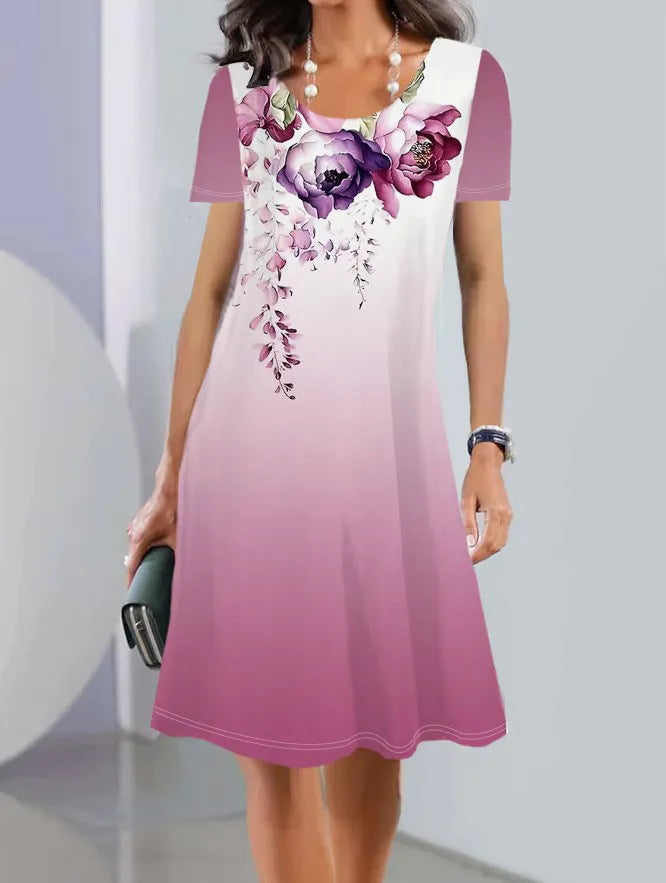 Women's floral printed summer dress with short sleeves and A-line mid-length skirt in ice silk fabric