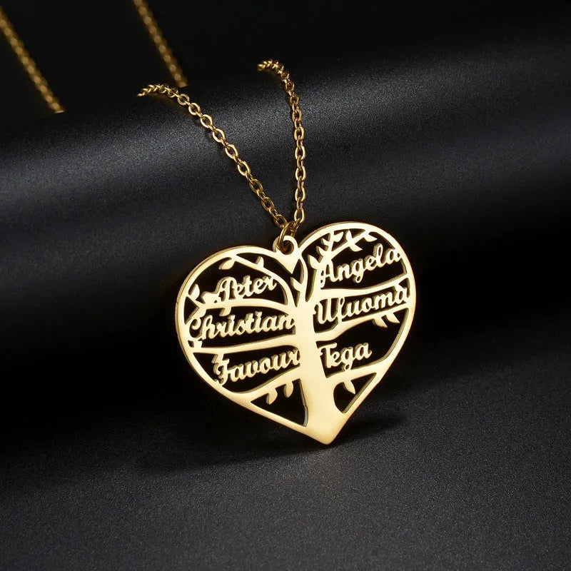 Personalised stainless steel necklace with engraved names on a heart and tree pendant in silver, gold, or rose gold.