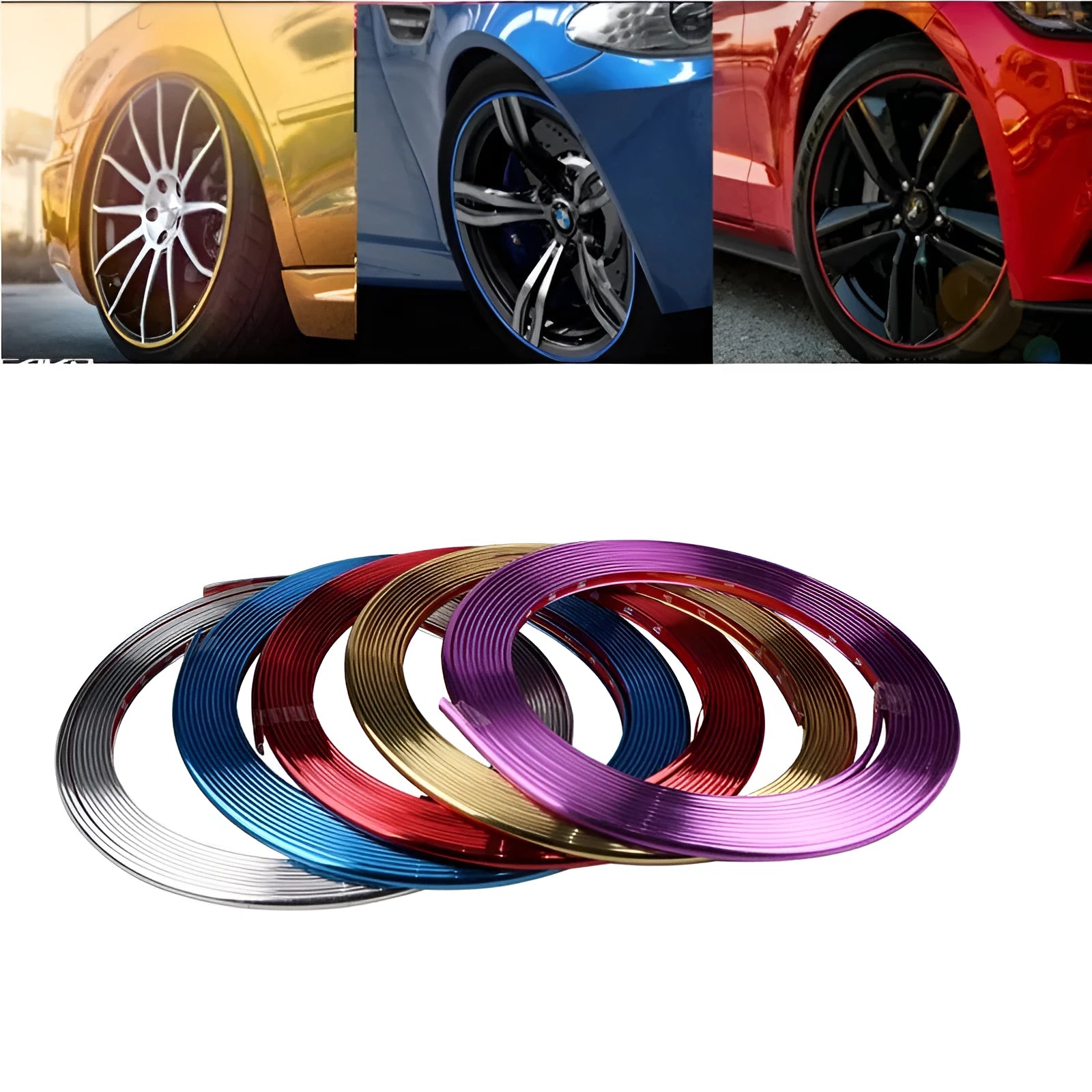Roll of electroplated purple PVC wheel rim trim sticker, 10mm wide.