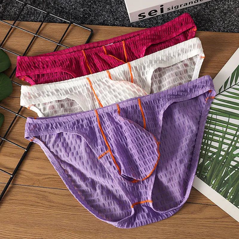 Men's low waist ice silk and lace briefs in rose red colour on a white background