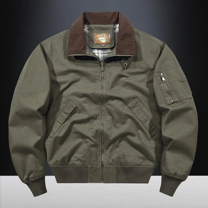 Men's plus-size washed cotton baseball flight jacket in army green, shown on a hanger.