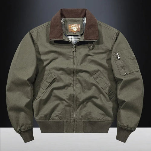Men's plus-size washed cotton baseball flight jacket in army green, shown on a hanger.