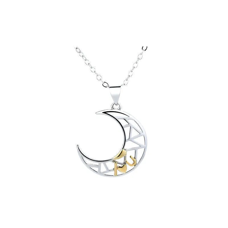 Sun and moon tooth couple necklace with copper pendant and cross chain.