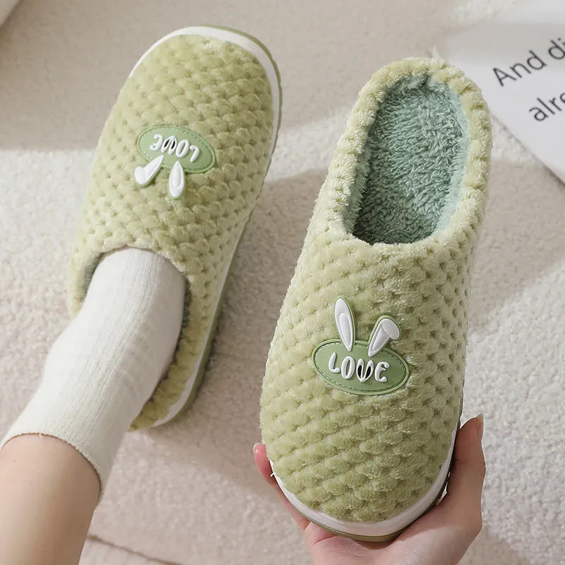 Women's rabbit plaid artificial fur house slippers with a thick rubber sole in five colour options.