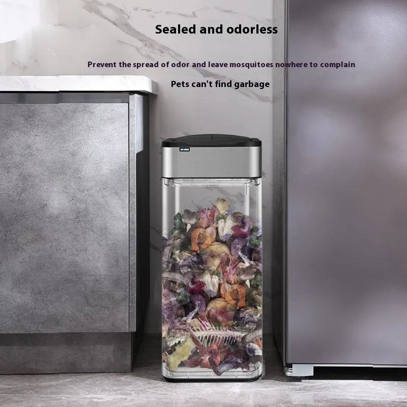 Stainless steel smart inductive trash can with square shape available in multiple sizes for kitchen and office