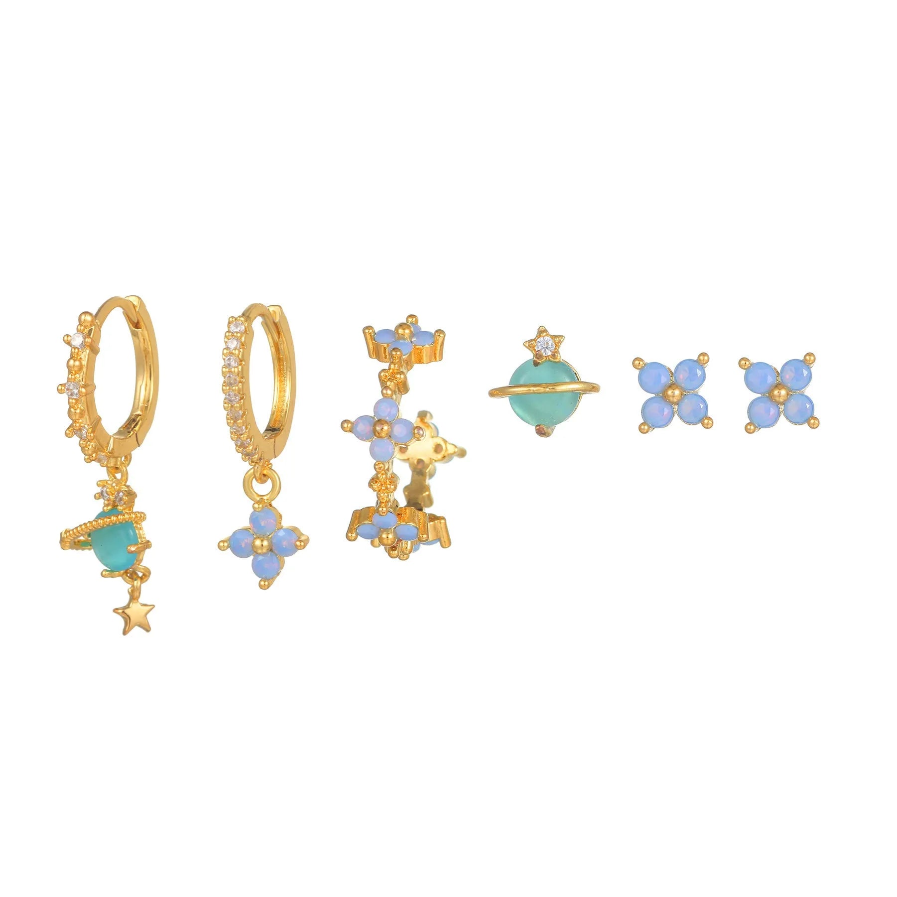 Blue protein flower nail ear studs with zircon mosaic details in gold or silver colour