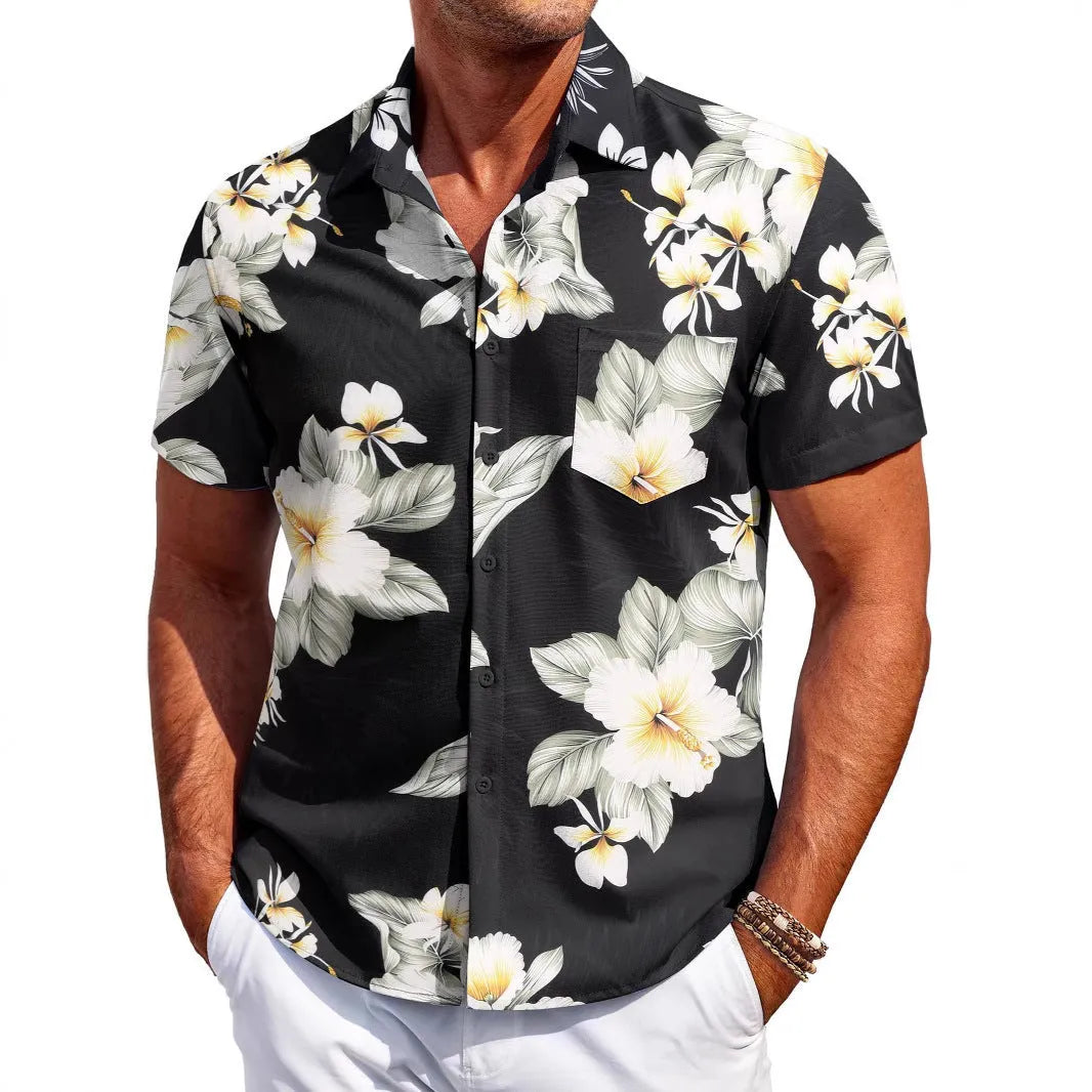 Men's slim fit short sleeve shirt cardigan in elastic polyester fabric on a hanger.