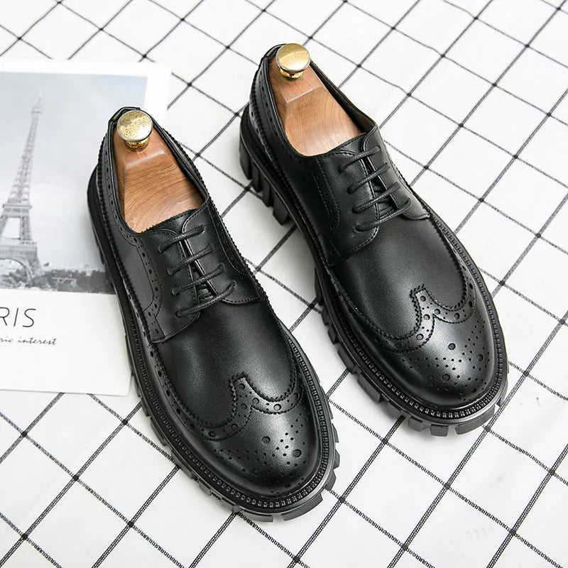 Men's black and brown artificial PU brogue shoes with round toe for business formal wear