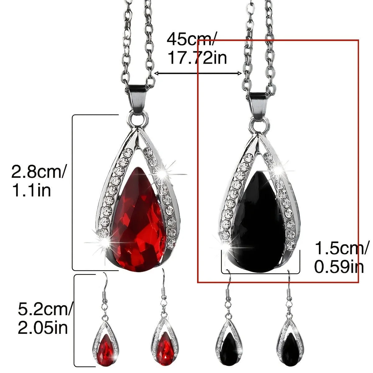 Black and red alloy teardrop glass pendant necklace and matching earrings set