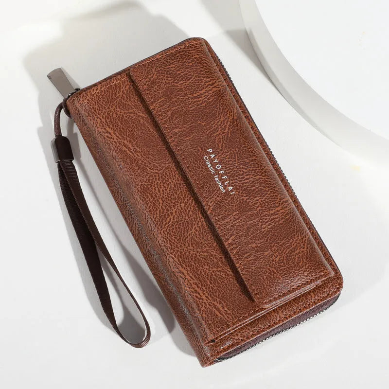 Men's black PU leather long wallet showing multiple card slots and note compartment.