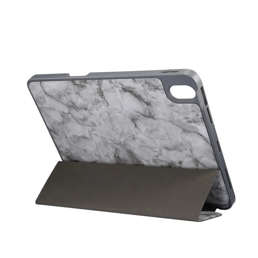Imitation leather iPad tri-fold case with marbling pattern and built-in pen slot, shown in dark grey.